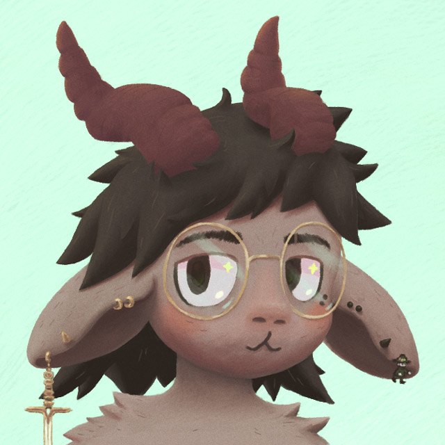 Drawing of a goat-like fursona with dark brown hair, dark red horns, round glasses and ear jewelry